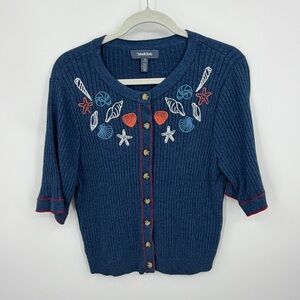 ModCloth Down By The Seashore Embroidered Short Sleeve Cardigan, Size 1X blue